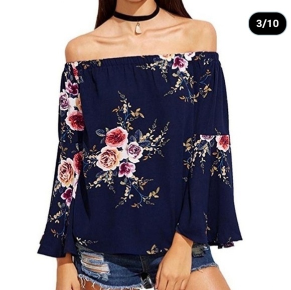 Wish Tops - Wish floral navy off the shoulder top